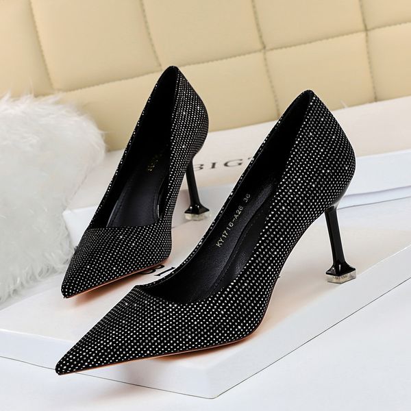 

dress shoes 1716-a26 fashion thin heels high pointed head nightclub nude, Black
