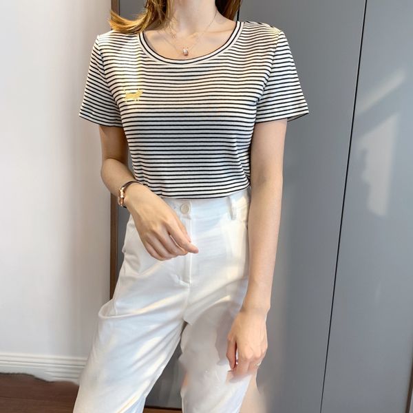 

stripe t-shirt control bi into chao foreign style show thin not pick people pure cotton short sleeve t-shirt striped sea soul summer kbnh8 k, White
