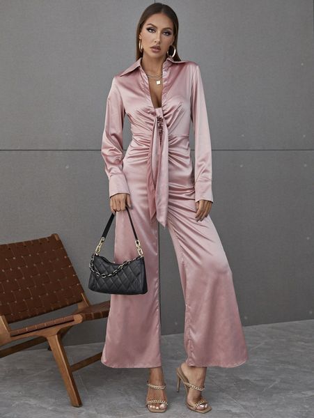

glamaker ruched knot front plunging neck wide leg satin shirt jumpsuit d0eq#, White