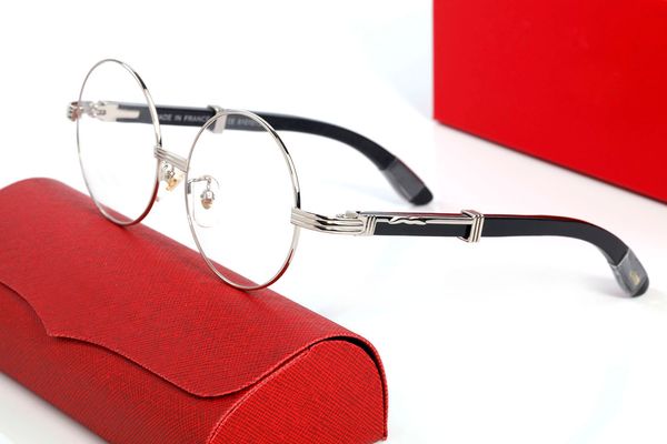 Silberne Herren-Sonnenbrille, Designer-Damenbrille, Metall, Gold, Vollrahmen, rund, transparent, Holzsonnenbrille, Luxus-Carti-Büffelhorn-Sonnenbrille mit Box