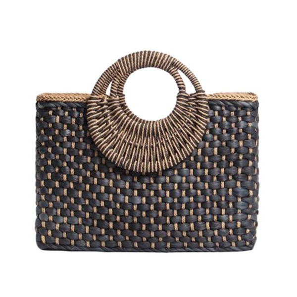 

hand basket shopping bag black color bali island hand woven bag straw bags satchel wind bohemia beach