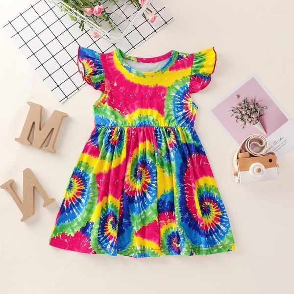

tie dye dress girls kids summer clothes ruffles sleeve kids casual dresses for girl clothing rainbow beach dress girls clothes1, Red;yellow