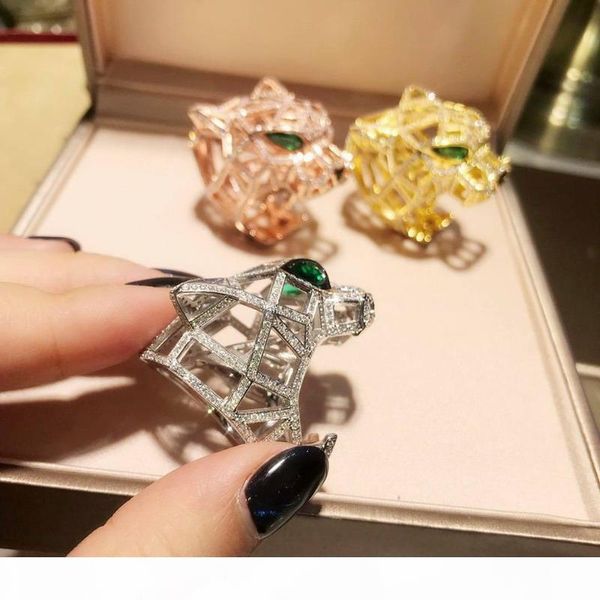 

925 sterling silver green eyes hollow out leopard ring animal zirconia diamond 18k gold plated jewelry for women or men, Golden;silver