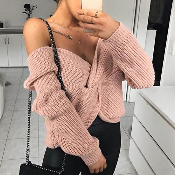 

women knot criss-cross v neck long sleeve jumpers loose knitted sweater pullover, White;black
