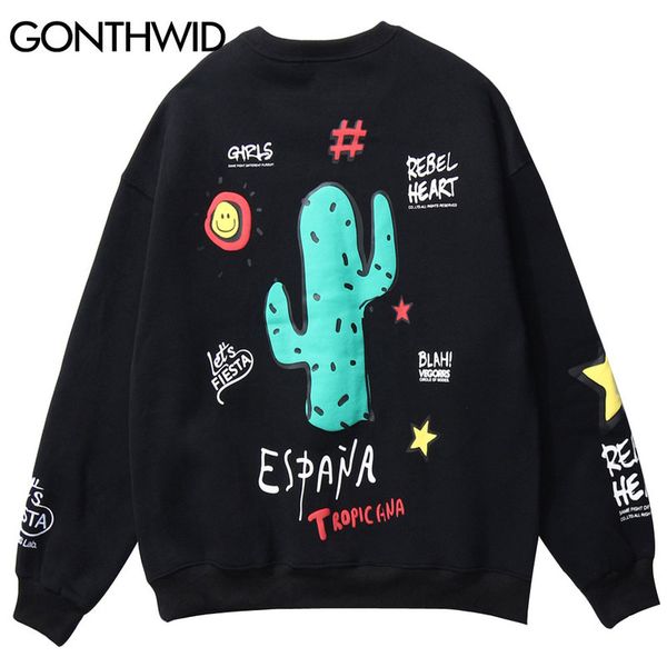 

graffiti cactus print pullover fleece sweatshirts hoodies streetwear casual loose hoodie 2020 mens winter hip hop, Black