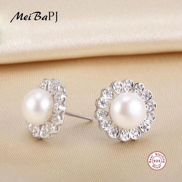 

stud [meibapj] natural freshwater pearl petal earrings real 925 sterling silver fashion for women, Golden;silver