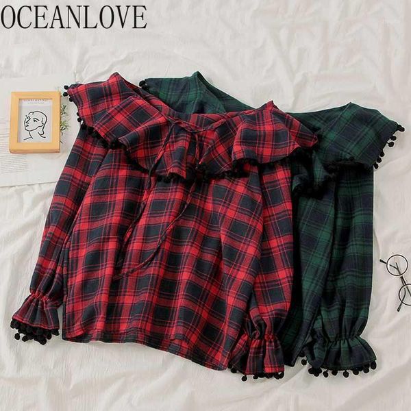 

oceanlove sweet plaid ruffles women and blouses spring 2020 korean vintage shirts all match long sleeve ropa mujer 151471, White