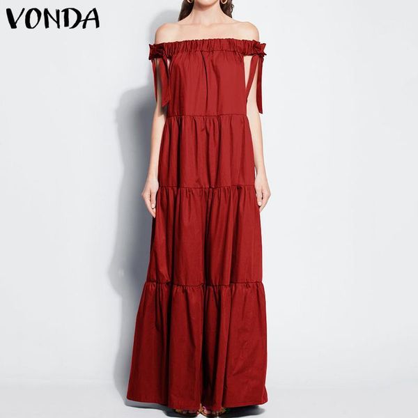 

vonda bohemian dress women off shoulder layered maxi long dress 2020 summer sundress vintage sleeveless vestido plus size1, Black;gray