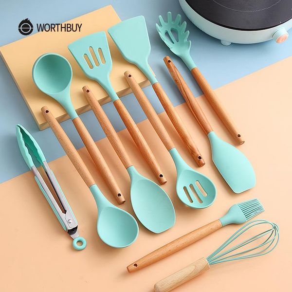 

non stick spatula 12 handle kitchenware set shovel worthbuy utensils tools silicone with cooking pcs wooden storage box qylaxu mywjqq