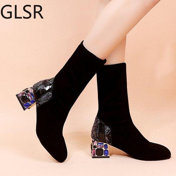 

women mid-calf boots dancing night club shoes woman big size 5.5cm heels boots fashion western snow, Black
