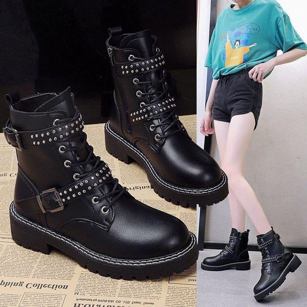 

autumn winter boots rivets pu leather women ankle boots punk motorcycle party shoes woman buckle female, Black