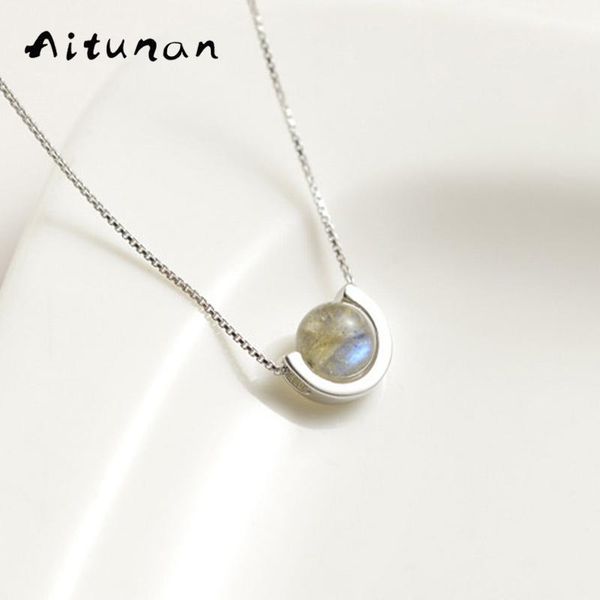 

pendants wholesale-aitunan fashion simple 925 sterling silver necklace natural moonstone pendant collar bone chain jewelry1, Black
