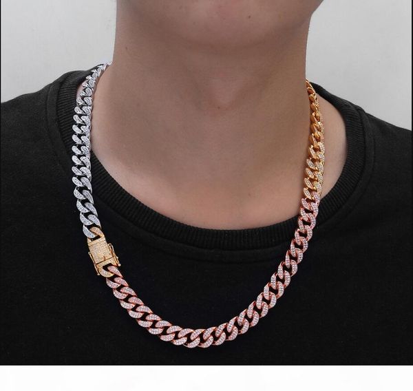 

12mm hip hop jewelry trendy jewelry with diamond micro-inlaid zircon tricolor zircon cuban chain necklace 18inch--30inch, Silver