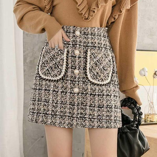 

new women plaid a-line buttons mini tweed skirts above knee vintage pockets skirt female short skirts bottoms for girls1, Black