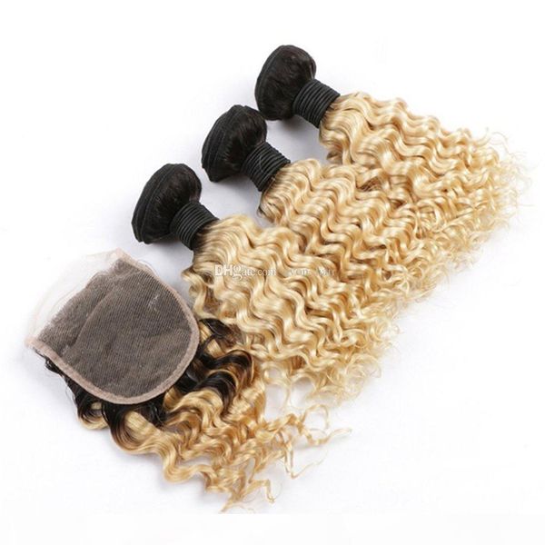

dark roots 1b 613 deep wave hair weft 3pcs with closure two tone colored blonde 1b 613 deep curly hair with closure 4x4, Black;brown