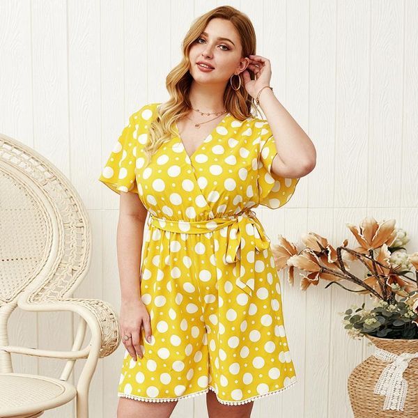

women's jumpsuits & rompers whzhm sashes women playsuits dot printed tassel v-neck short sleeve loose pants plus size 3xl 4xl summer fe, Black;white