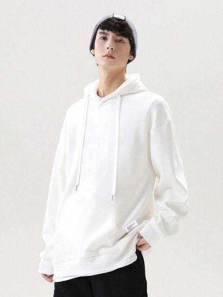 

men patched detail drop shoulder drawstring hoodie w0xu#, Black