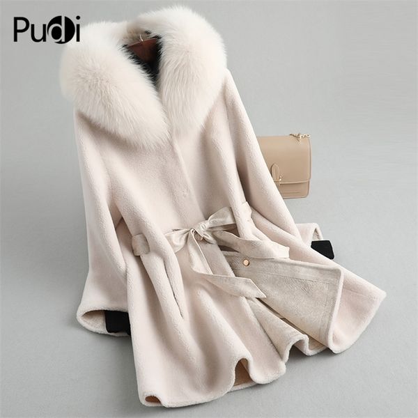 

pudi women real wool fur coat jacket winter warm female real sheep shearing over size parka with real fox fur collar a19026 201212, Black