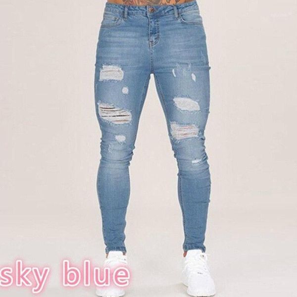 

mens jeans new arrival slim-fit trousers for men ripped paint-laced jeans1, Blue
