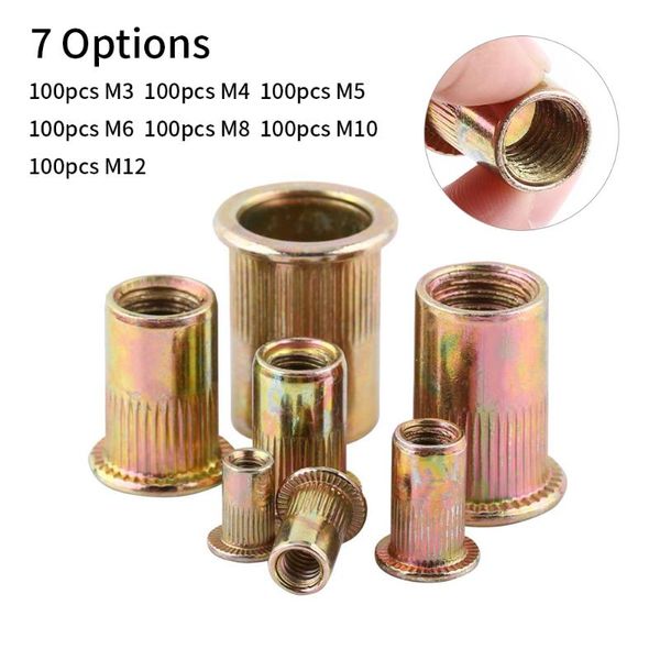 

100pcs rivet nut mixed iron galvanized threaded insert nutsert set kits cap flat head rivet nuts m3 m4 m5 m6 m8 m10 m12