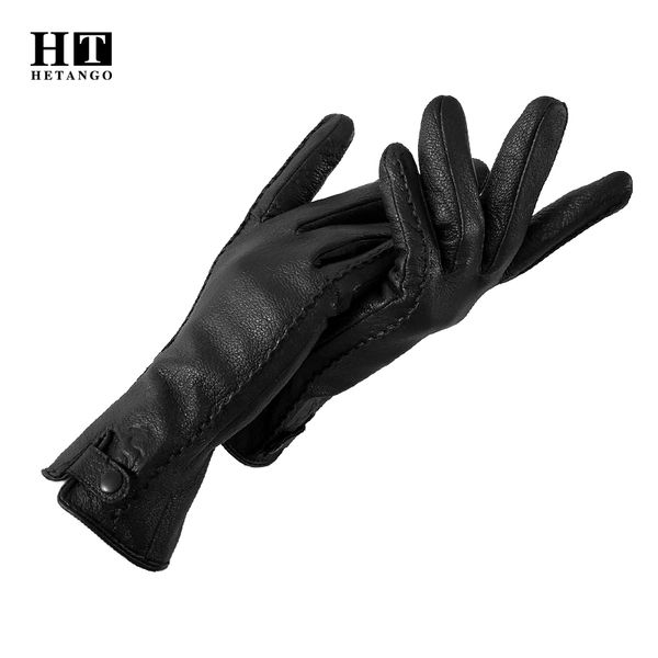 

new winter women gloves leather warm soft wear-resistant wool lining touch screen function fashion rivet clasp deerskin gloves 201104, Blue;gray