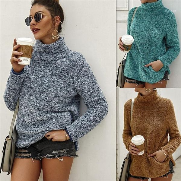 

hoodies autumn winter solid color fleece pullover knits sweatshirt casual women long sleeve clothing with pocket turtleneck womens designer, Black