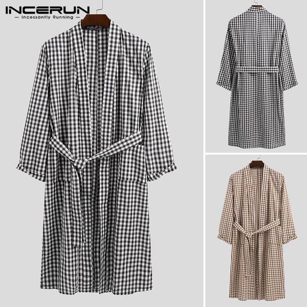 

men plaid sleep robes v neck long sleeve breathable nightgown 2020 pockets leisure lace up homewear mens bathrobes s-5xl incerun, Black;brown