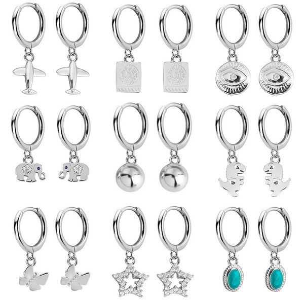 

2020 серьги висячие новый 925 стерлингового серебра для женщин глаз звезда dinosaur слон шарм малый обруч серьги da1143, Golden;silver