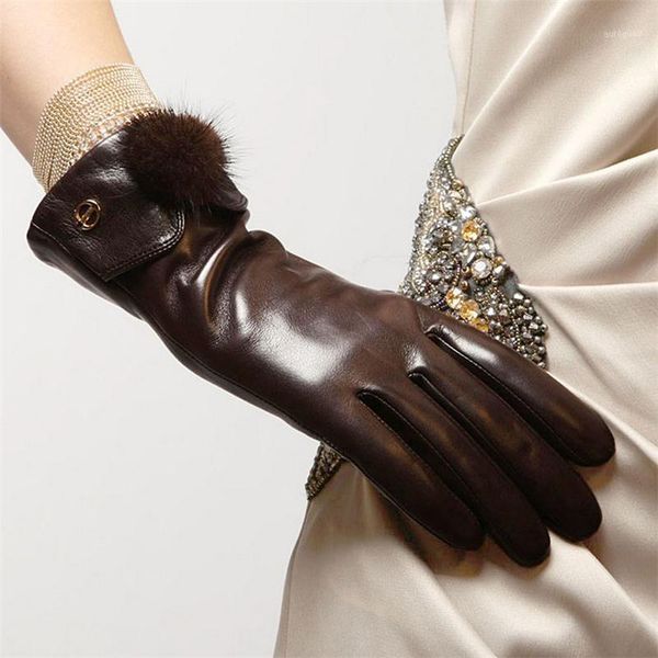 

five fingers gloves brand genuine leather women sheepskin glove fashion trend hair ball driving el029nc1, Blue;gray
