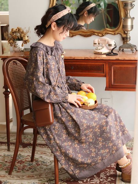 

small fresh japanese and korean lace collar loose medium length mori dress skirtlace long skirtfloral cotton linen dress printed long skirt, Black;gray