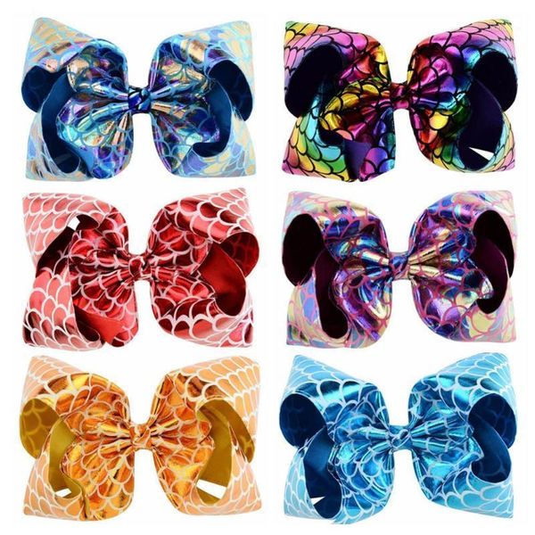 

8inch 6pcs/lot hair bows with clips boutique fish scales metallic leather for kids headwear accessories 8501, Slivery;white