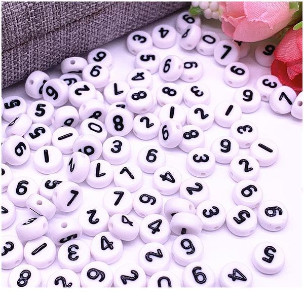 

100pcs/lot 7x4mm 0-9 white round numbers acrylic loose spacer beads for jewelry making diy bracelet acc qyleux