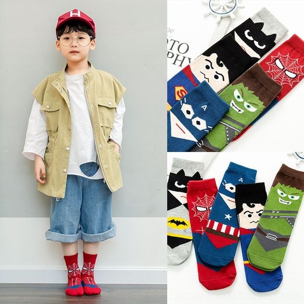 

l8yfp spring socks autumn new cotton cartoon hero pattern cotton boy's sockschildren's socks hero and children's medium tube, Black