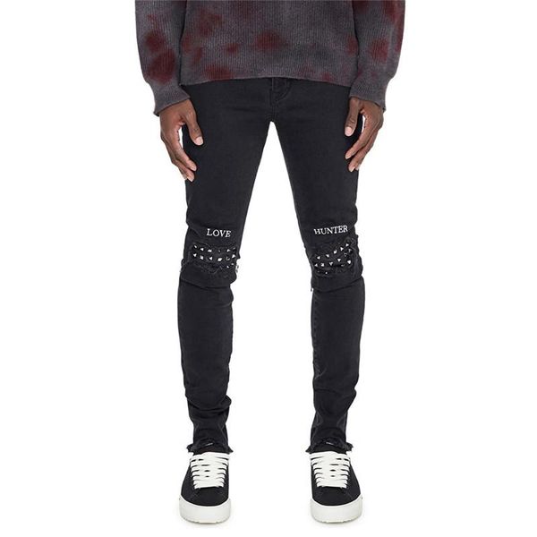 

moruancle men's hi street ripped jeans pants with rivet streetwear hip hop denim trousers stretchy jeans punk style black, Blue