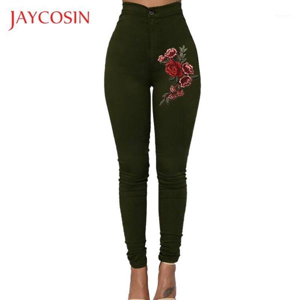 

jaycosin women skinny fashion floral applique jeans high waist stretch pencil pants polyester material fashion style1, Blue