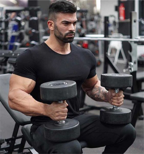

brand men's muscle fitness short sleeve t-shirts cotton gyms tshirt solid arc hem breathable stretch tee shirts, White;black