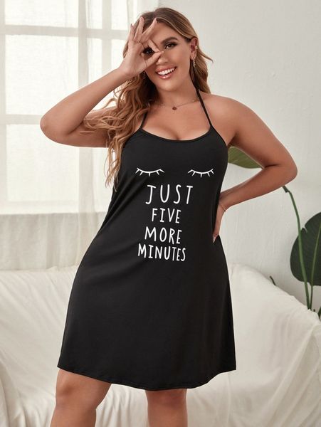 

plus slogan & eyelash halter night dress l3va#, Black;white