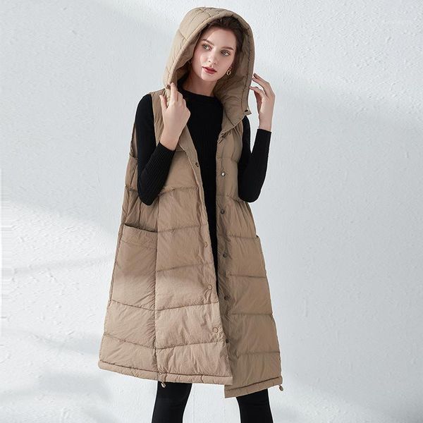 

winter women long hooded vest black khaki ultra light duck down coat sleeveless fashion warm oversize female outerwear1