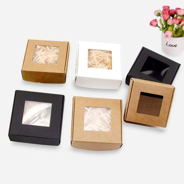 

20pcs folding mini gift kraft paper box handmade soap candy carton small cake jewelry cosmatics boxes with window film