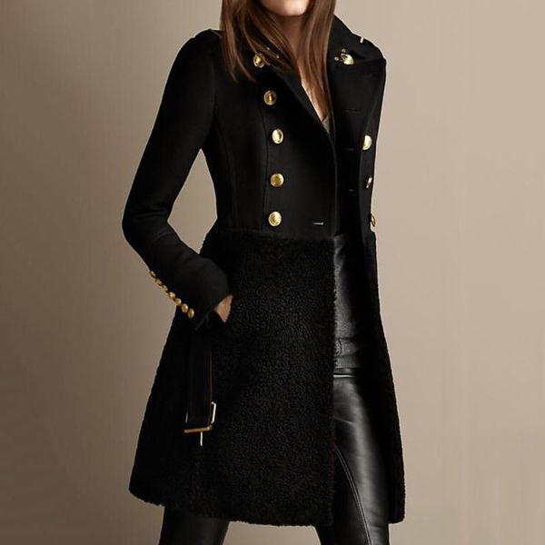

women's wool & blends women autumn winter long jacket coat black double breasted belt slim fit fleece plus size ladies trench coats ele