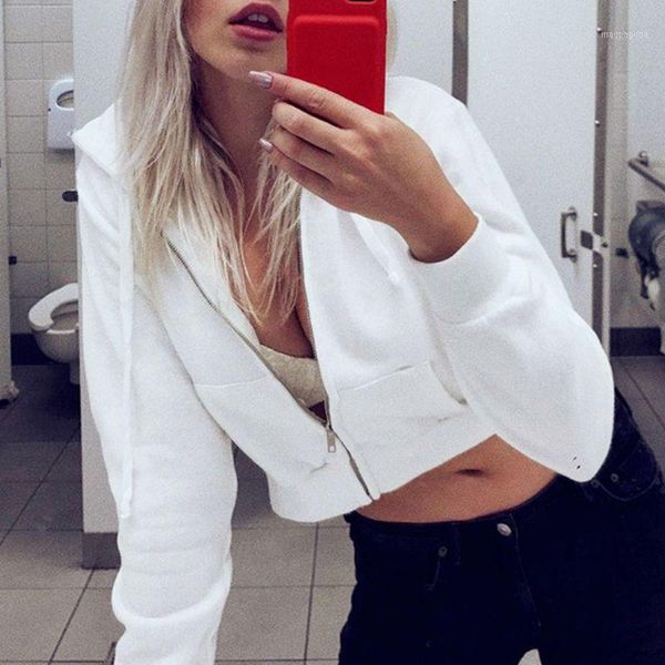 

women long sleeve drawstring hoodies cropped full zip up white jacket outwear y3ne1, Black
