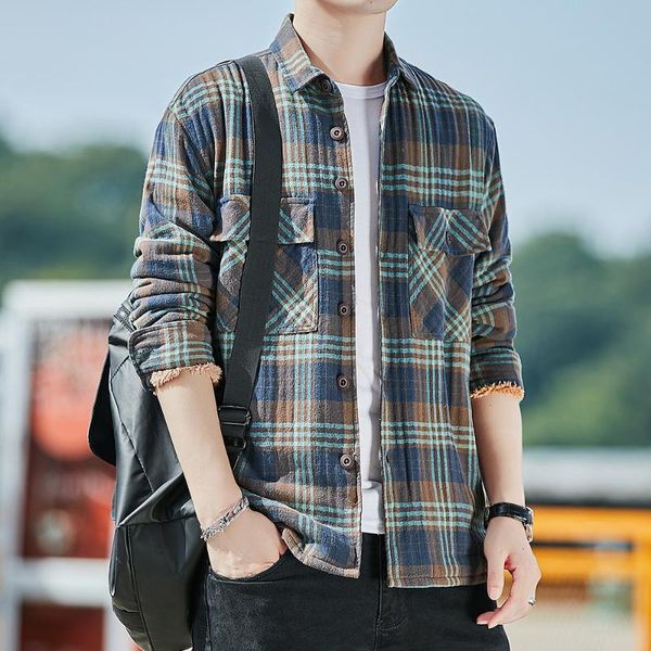 

men's casual shirts winter shirt warm and cashmere japanese plaid long sleeve thickened, White;black