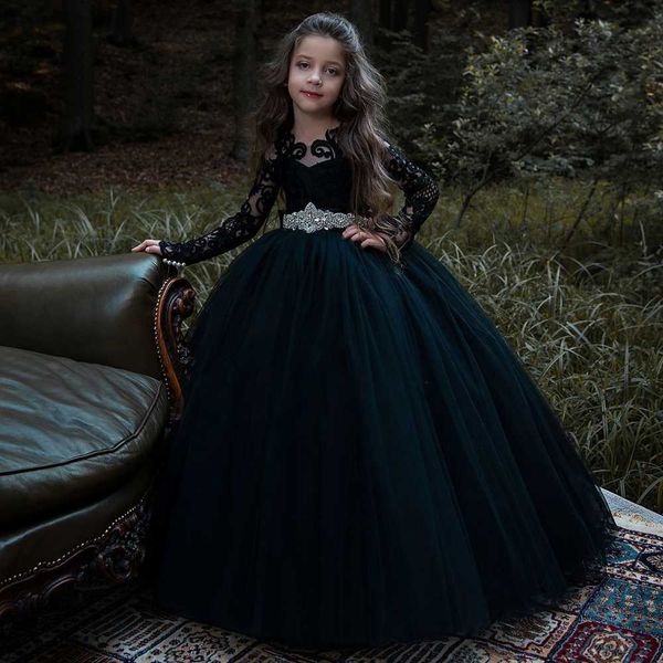 

vestido de comunion 2020 black long sleeve flower girls dress long sleeve lace tulle party dresses ball gown, Red;yellow