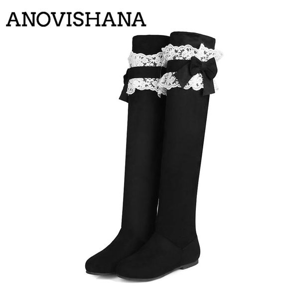 

anovishana 2020 winter women boots stretch bowtie over the knee boots flat women woman botas flock slip-on lace boot b729, Black