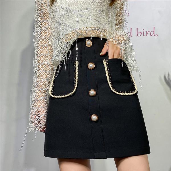 

skirts m-4xl women skirt high waist front buttons female double pockets elegant mini mujer1, Black