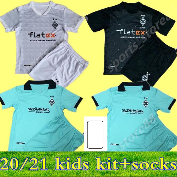

kids kit+ sock 2020 2021 borussia monchengladbach home soccer jerseys 20 21 hraner raffel stindl plea boy set football shirt child, Black;yellow