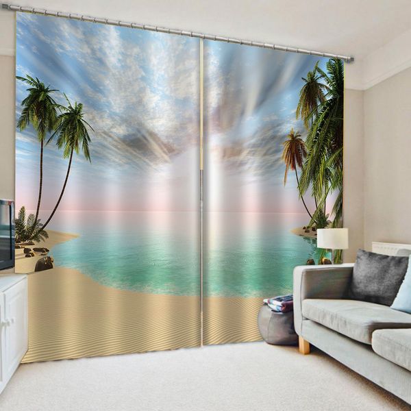 

bedroom living room windproof thickening blackout fabric blue beach curtain nature scenery landscape curtains