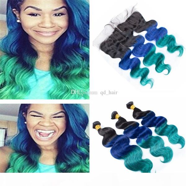 

ombre 1b blue green hair weft extension with ear to ear frontal three tone virgin human body wave hair 3bundles with lace frontal, Black;brown