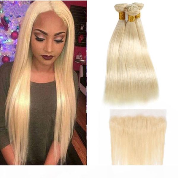 

malaysian unprocessed human hair extensions 13x4 lace frontal silky straight 8-28inch 13*4 frontal with bundles 613 blonde natural color, Black;brown