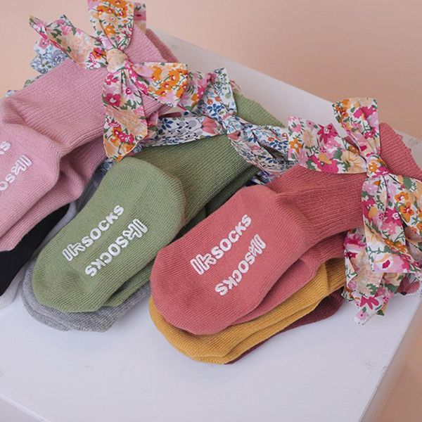 

new cute floral bows baby girl socks cotton knitting winter autumn newborn girls anti-slip floor socks bowknot kids long, Pink;yellow
